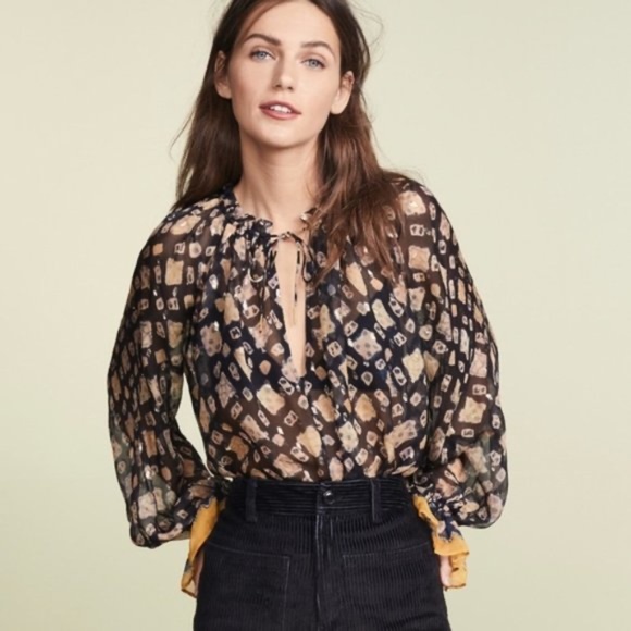 Ulla Johnson Nailah Peasant Blouse Midnight Sheer Silk Ruffle Balloon Sleeve  4 - Picture 1 of 13